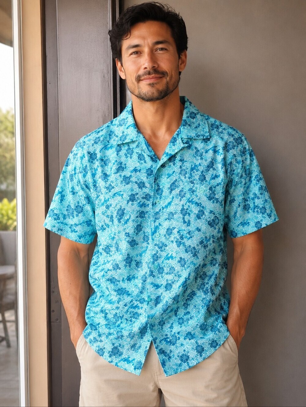 FUBU SHORT SLEEVE BUTTON FRONT SHIRT MENS LARGE BLUE GEOMETRIC POLYESTER Collard
